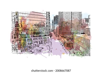 Building view with landmark of Houston is a large metropolis in Texas. Watercolor splash with hand drawn sketch illustration in vector.