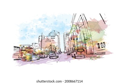Building view with landmark of Houston is a large metropolis in Texas. Watercolor splash with hand drawn sketch illustration in vector.