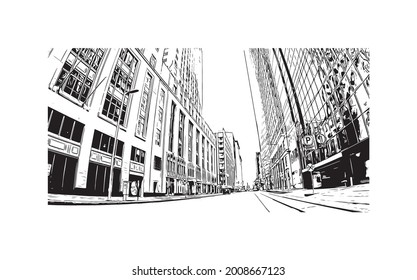 Building view with landmark of Houston is a large metropolis in Texas. Hand drawn sketch illustration in vector.