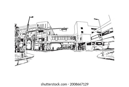 Building view with landmark of Houston is a large metropolis in Texas. Hand drawn sketch illustration in vector.