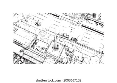 Building view with landmark of Houston is a large metropolis in Texas. Hand drawn sketch illustration in vector.