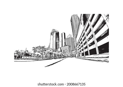 Building view with landmark of Houston is a large metropolis in Texas. Hand drawn sketch illustration in vector.