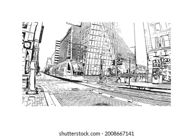 Building view with landmark of Houston is a large metropolis in Texas. Hand drawn sketch illustration in vector.