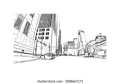 Construir vista con un punto de referencia de Houston es una gran metrópolis en Texas. Dibujo a mano de ilustración de esbozo en vector.