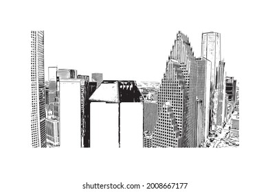 Building view with landmark of Houston is a large metropolis in Texas. Hand drawn sketch illustration in vector.