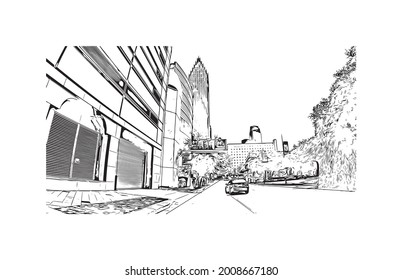 Building view with landmark of Houston is a large metropolis in Texas. Hand drawn sketch illustration in vector.