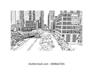 Building view with landmark of Houston is a large metropolis in Texas. Hand drawn sketch illustration in vector.