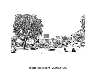 Construir vista con un punto de referencia de Houston es una gran metrópolis en Texas. Dibujo a mano de ilustración de esbozo en vector.