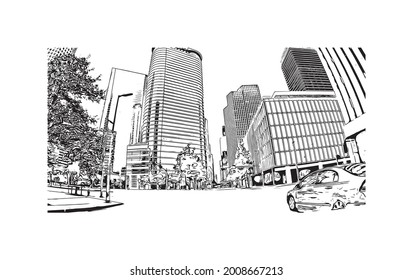 Building view with landmark of Houston is a large metropolis in Texas. Hand drawn sketch illustration in vector.