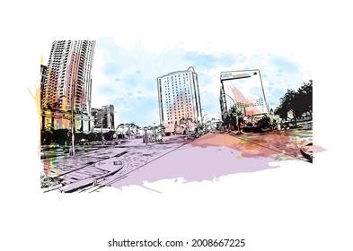 Building view with landmark of Houston is a large metropolis in Texas. Watercolor splash with hand drawn sketch illustration in vector.