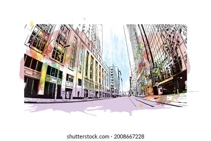 Building view with landmark of Houston is a large metropolis in Texas. Watercolor splash with hand drawn sketch illustration in vector.