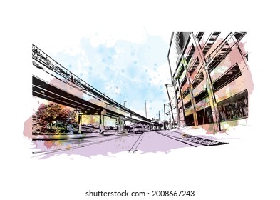 Construir vista con un punto de referencia de Houston es una gran metrópolis en Texas. Salto de color de agua con ilustración de esbozo dibujada a mano en vector.