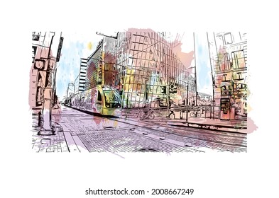 Building view with landmark of Houston is a large metropolis in Texas. Watercolor splash with hand drawn sketch illustration in vector.