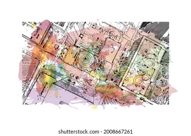 Building view with landmark of Houston is a large metropolis in Texas. Watercolor splash with hand drawn sketch illustration in vector.