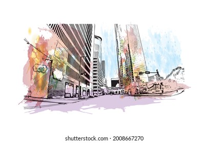 Building view with landmark of Houston is a large metropolis in Texas. Watercolor splash with hand drawn sketch illustration in vector.