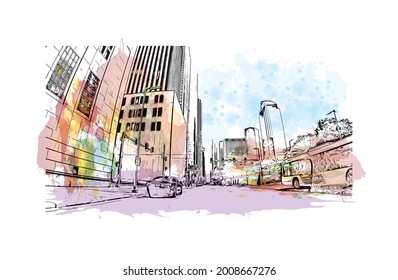 Construir vista con un punto de referencia de Houston es una gran metrópolis en Texas. Salto de color de agua con ilustración de esbozo dibujada a mano en vector.