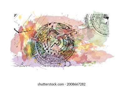 Die Bauaussicht mit Wahrzeichen von Houston ist eine große Metropole in Texas. Aquarellspritzer mit handgezeichneter Skizzengrafik in Vektorgrafik.