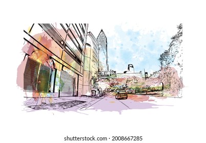 Die Bauaussicht mit Wahrzeichen von Houston ist eine große Metropole in Texas. Aquarellspritzer mit handgezeichneter Skizzengrafik in Vektorgrafik.