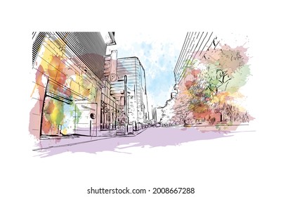Building view with landmark of Houston is a large metropolis in Texas. Watercolor splash with hand drawn sketch illustration in vector.