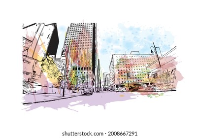 Building view with landmark of Houston is a large metropolis in Texas. Watercolor splash with hand drawn sketch illustration in vector.
