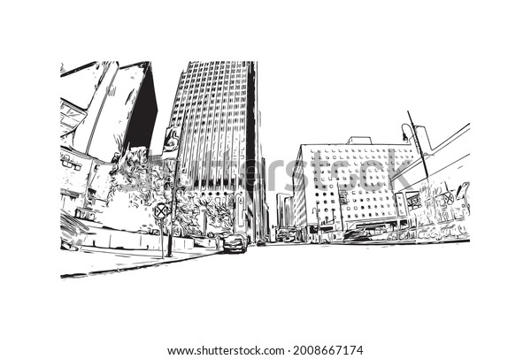 Building view with\
landmark of Houston is a large metropolis in Texas. Hand drawn\
sketch illustration in\
vector.