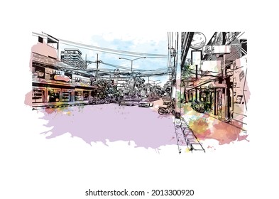 Der Ausblick auf das Gebäude mit Wahrzeichen von Hua Hin ist eine Stadt in Thailand. Aquarellspritzer mit handgezeichneter Skizzengrafik in Vektorgrafik.