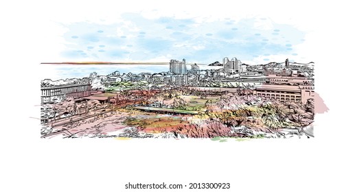 Building view with landmark of Hua Hin is a city in Thailand. Watercolor splash with hand drawn sketch illustration in vector.