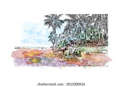 Building view with landmark of Hua Hin is a city in Thailand. Watercolor splash with hand drawn sketch illustration in vector.