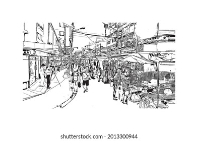 Building view with landmark of Hua Hin is a city in Thailand. Hand drawn sketch illustration in vector.