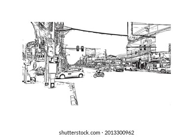 Building view with landmark of Hua Hin is a city in Thailand. Hand drawn sketch illustration in vector.