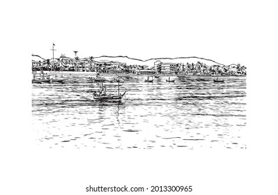 Building view with landmark of Hua Hin is a city in Thailand. Hand drawn sketch illustration in vector.