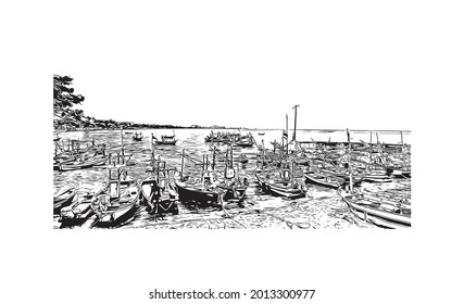 Building view with landmark of Hua Hin is a city in Thailand. Hand drawn sketch illustration in vector.
