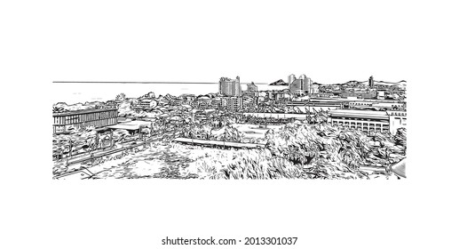 Building view with landmark of Hua Hin is a city in Thailand. Hand drawn sketch illustration in vector.