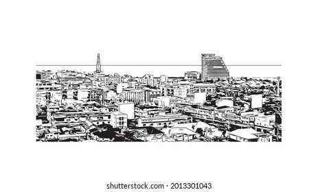 Building view with landmark of Hua Hin is a city in Thailand. Hand drawn sketch illustration in vector.