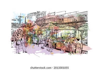 Building view with landmark of Hua Hin is a city in Thailand. Watercolor splash with hand drawn sketch illustration in vector.