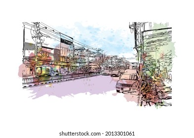 Building view with landmark of Hua Hin is a city in Thailand. Watercolor splash with hand drawn sketch illustration in vector.