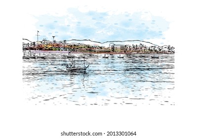 Building view with landmark of Hua Hin is a city in Thailand. Watercolor splash with hand drawn sketch illustration in vector.