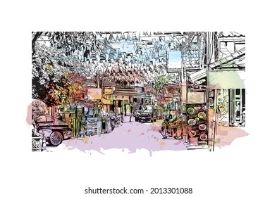 Building view with landmark of Hua Hin is a city in Thailand. Watercolor splash with hand drawn sketch illustration in vector.