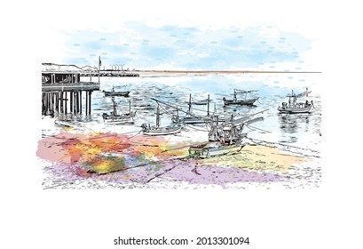 Building view with landmark of Hua Hin is a city in Thailand. Watercolor splash with hand drawn sketch illustration in vector.