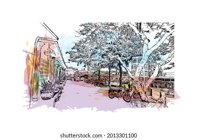 Building view with landmark of Hua Hin is a city in Thailand. Watercolor splash with hand drawn sketch illustration in vector.