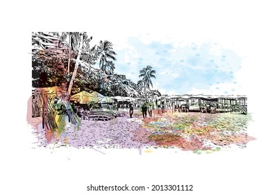 Building view with landmark of Hua Hin is a city in Thailand. Watercolor splash with hand drawn sketch illustration in vector.