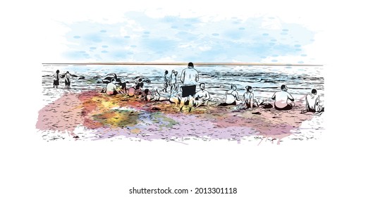 Building view with landmark of Hua Hin is a city in Thailand. Watercolor splash with hand drawn sketch illustration in vector.