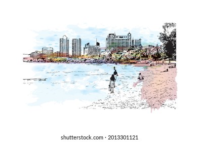 Building view with landmark of Hua Hin is a city in Thailand. Watercolor splash with hand drawn sketch illustration in vector.