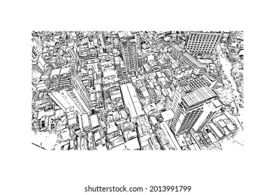Building view with landmark of Hue is a city in central Vietnam. Hand drawn sketch illustration in vector.
