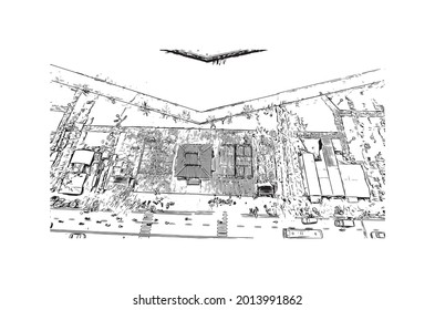 Building view with landmark of Hue is a city in central Vietnam. Hand drawn sketch illustration in vector.