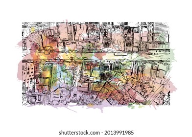 Building view with landmark of Hue is a city in central Vietnam. Watercolor splash with hand drawn sketch illustration in vector.
