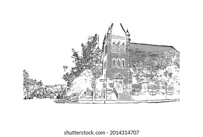 La vista de edificio con un punto de referencia de Huntsville es el 
ciudad de Alabama. Dibujo a mano de ilustración de esbozo en vector.