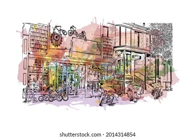 Building view with landmark of Huntsville is the 
city in Alabama. Watercolor splash with hand drawn sketch illustration in vector.