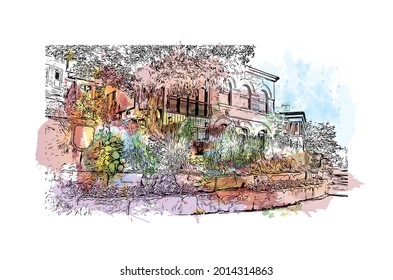 Building view with landmark of Huntsville is the 
city in Alabama. Watercolor splash with hand drawn sketch illustration in vector.