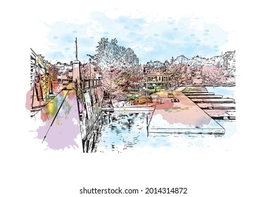 Building view with landmark of Huntsville is the 
city in Alabama. Watercolor splash with hand drawn sketch illustration in vector.